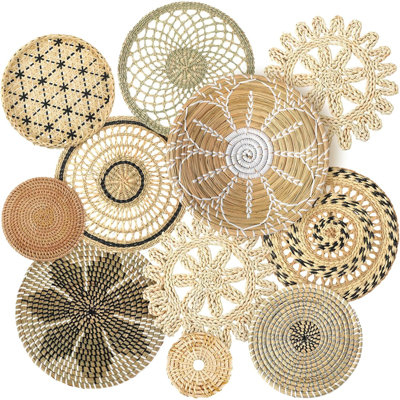 11 Pcs Boho Wall Basket Decor Decorative Bulrush Woven Basket Wall Decor Art Round Farmhouse Hanging Baskets For Kitchen Rustic Home Summer Decorations, Multi Sizes(Vivid)