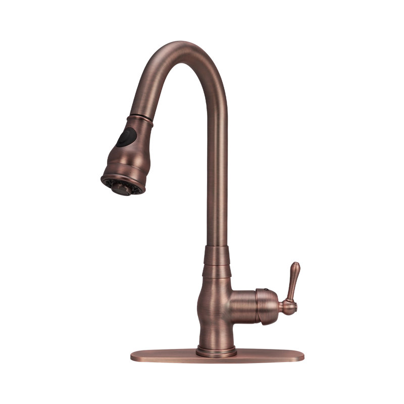 Copper Pull Down Kitchen Faucet with Single Handle Deck Plate Included, Antique Bronze
