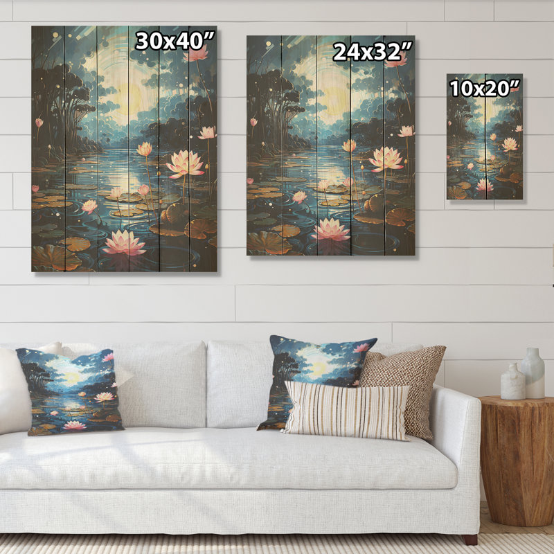 Fleur de lotus entre les blocs de Lilly I - Art mural en bois de lotus sur bois de pin naturel, H 20 po x l 10 po