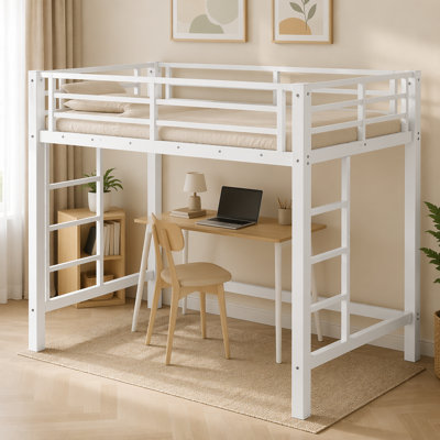 Twin Size Metal Loft Bed, Loft Bed with Easy Climbing Ladder and Guardrails , White