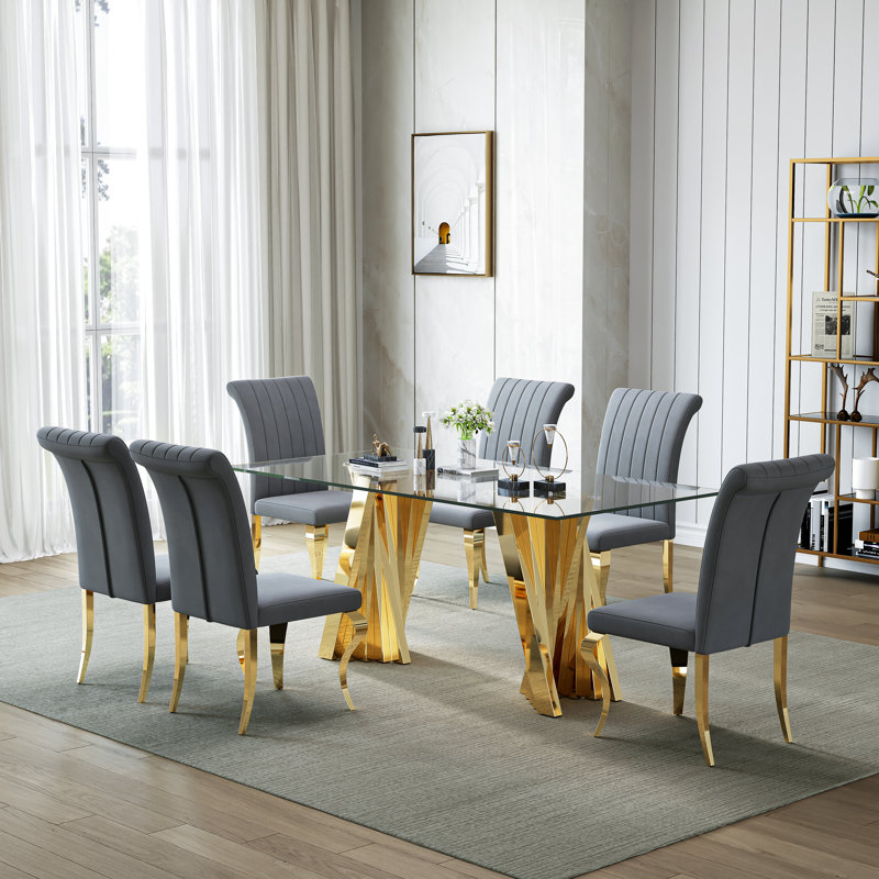 70" Modern Tempered Glass Dining Table Set With Sculptural Stainless Steel Base & Velvet Upholstered Chairs – Sleek Minimalist Design For Contemporary Dining Rooms