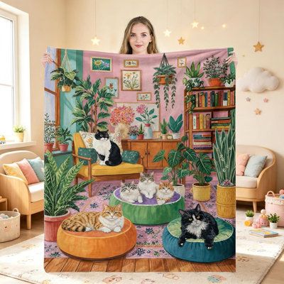 Boho Cute Cat Throw Blanket, 60 x 80 in
