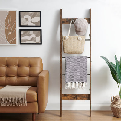 Blanket Ladder for Living Room, Decorative Quilt Rack with 4 Removable Hooks, 5-Tier Farmhouse Ladder Holder Shelf Organizer for Bedroom, Black Tea Brown