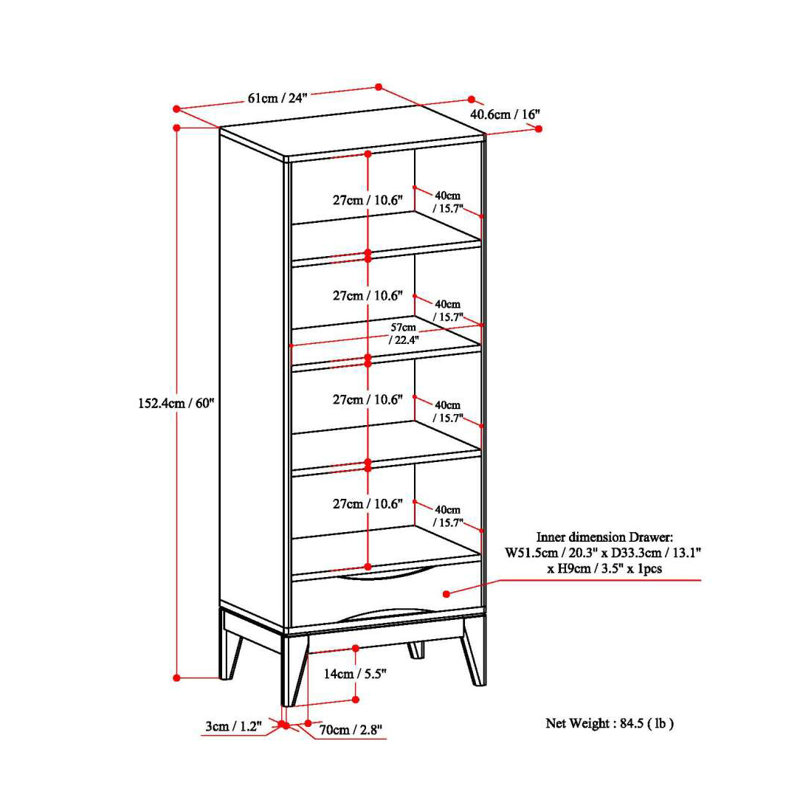 Harper 60"H Solid Wood Mid-Century Modern Bookshelf with Open Shelves and Tapered Legs, Teak Brown