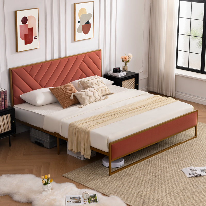 Sheila Upholstered Platform Bed with Velvet Tufted Headboard, King, Red
