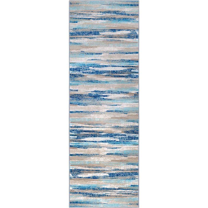 Modern Abstract 2X6 Blue Washable Kitchen Runner Non-Slip Soft H...