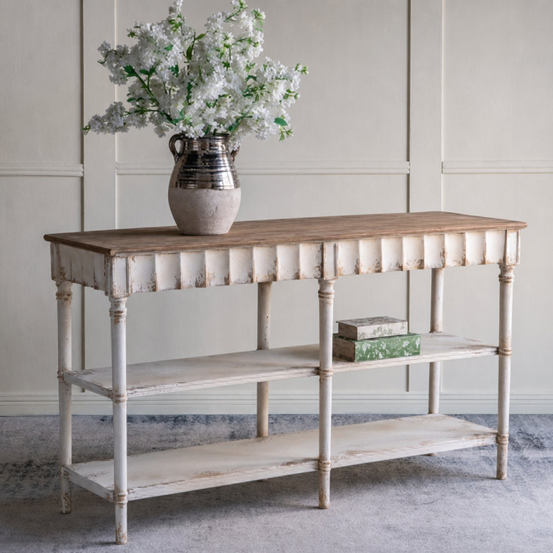 Console 63 po à 3 niveaux, bois vieilli pour entrée - blanc / beige