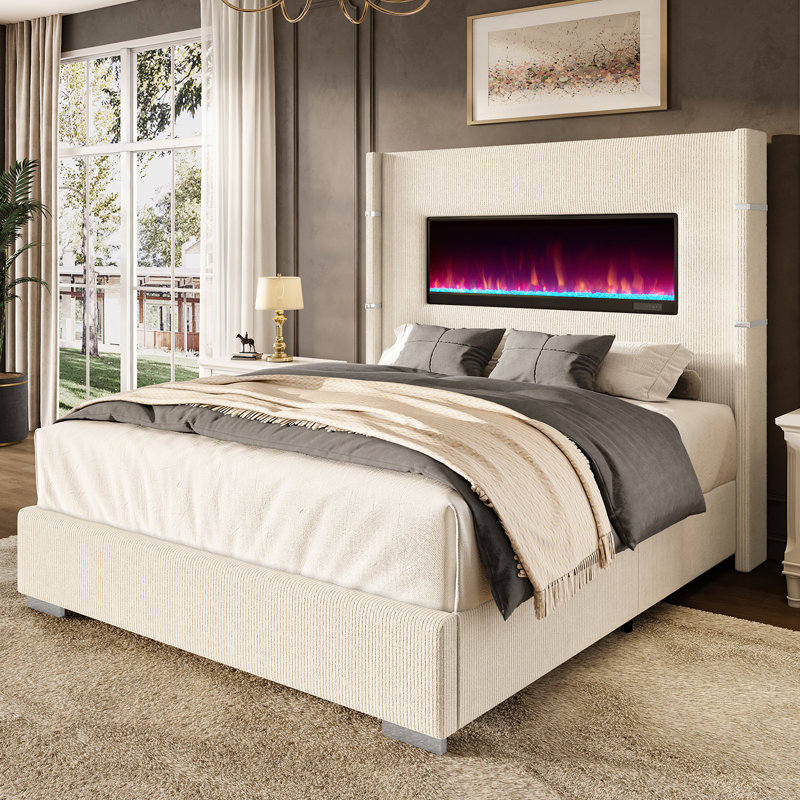 Base de lit tapissier en velours côtelé de grande taille 60,4 po avec cheminée sans chaleur, tête de lit à oreilles, blanc