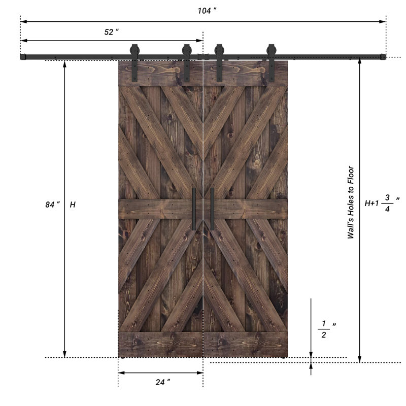 Porte de grange lambrissée peinte en bois et en métal avec trousse de quincaillerie d'installation, Brun foncé, 48 po x 84 po