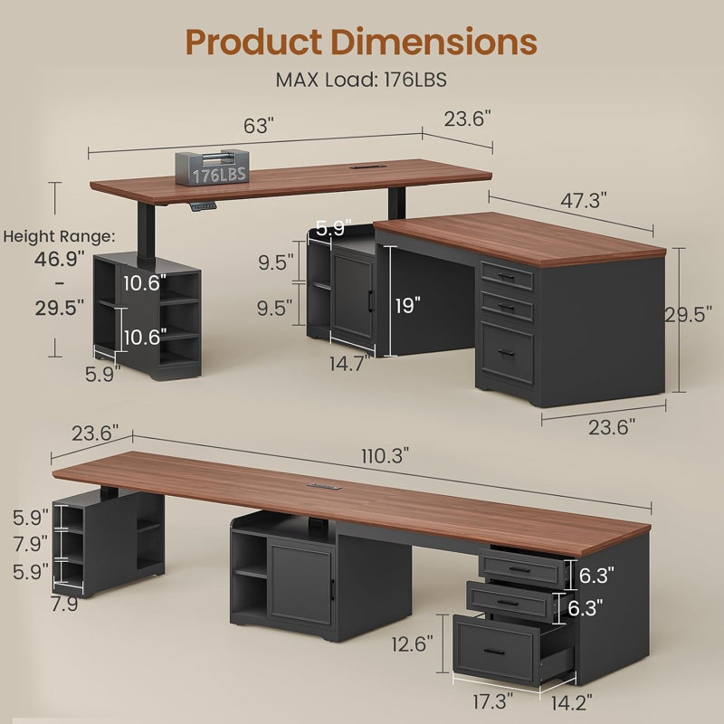 Bureau assis-debout électrique en forme de L de style ferme de 23,6 po de profondeur, Desktop Depth: 23.6", Noir