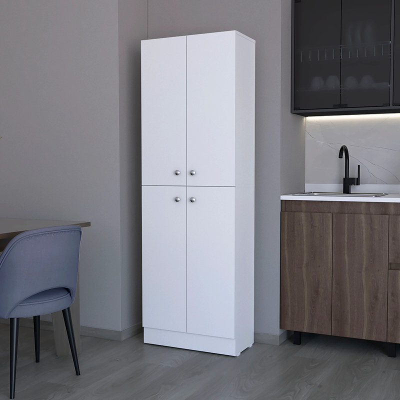 Modern 4-Door White Pantry Cabinet With 5 Hidden Shelves For Kitchen 4 Doors And Home Use, White
