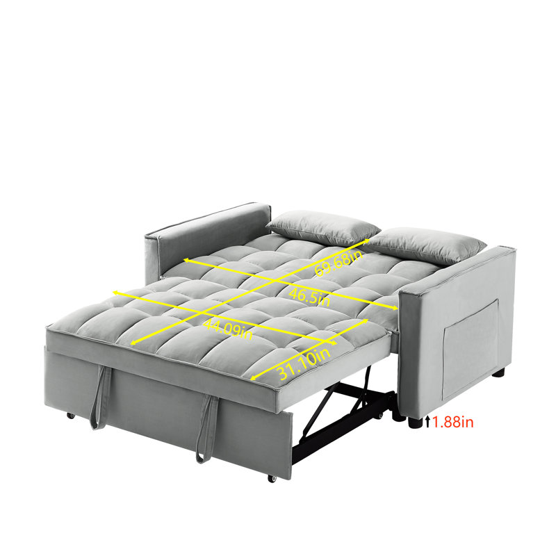 Lit convertible 3 en 1 en velours gris avec fonction escamotable et coussins lombaires confortables