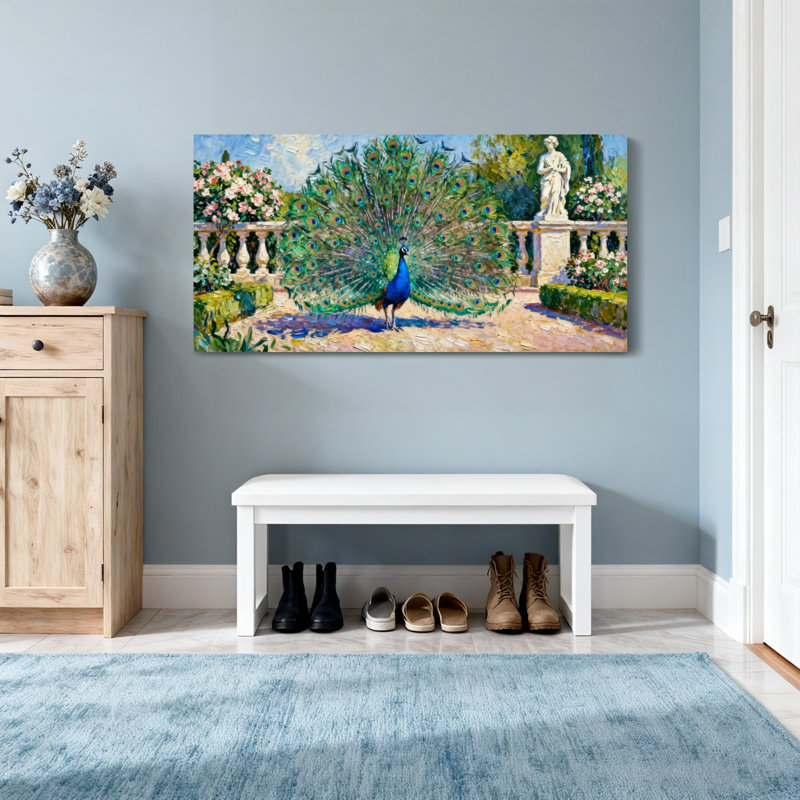 Animaux, paon dans le jardin avec statue et fleurs, H 24 po x l 48 po