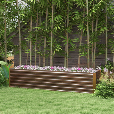 Ensemble de jardin surélevé galvanisé Outsunny 8 x 2 x 2 pi, jardinière surélevée en métal avec bordure de sécurité, grand lit surélevé pour faire pousser des fleurs, des herbes et des légumes, brun