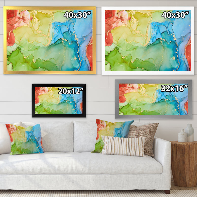 «Green and Blue Tender Liquide Art I», reproduction sur toile, H 34 po x l 44 po x P 1,5 po, Cadre noir