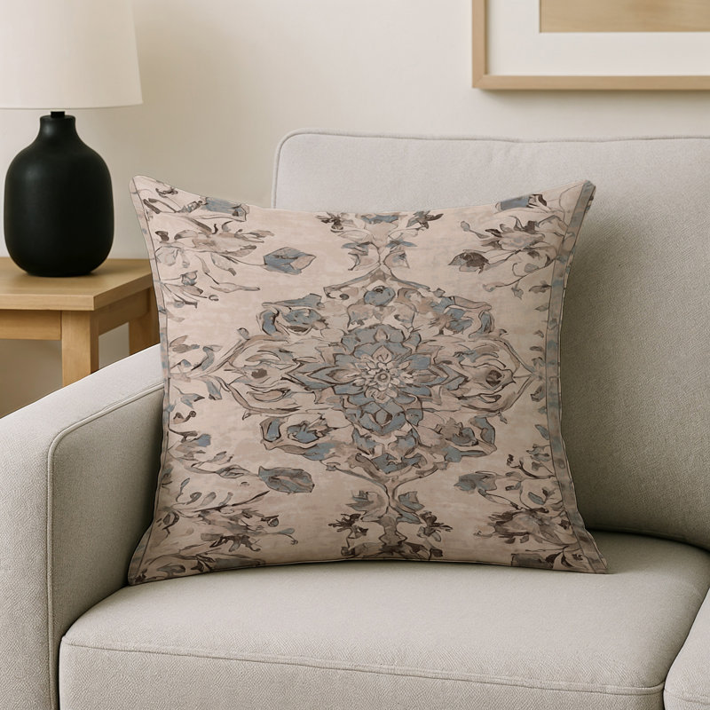 Coussin décoratif intérieur et extérieur Modern, Carré 16 po, Beige / bleu sauge / taupe damassé