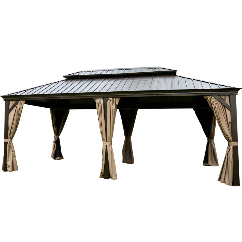 12'X20' Metal Gazebo With Double Roof. Fade-, Rustproof, Enhance Privacy Curtains And Netting For Lawn  Brown Rust- Frame - Brown