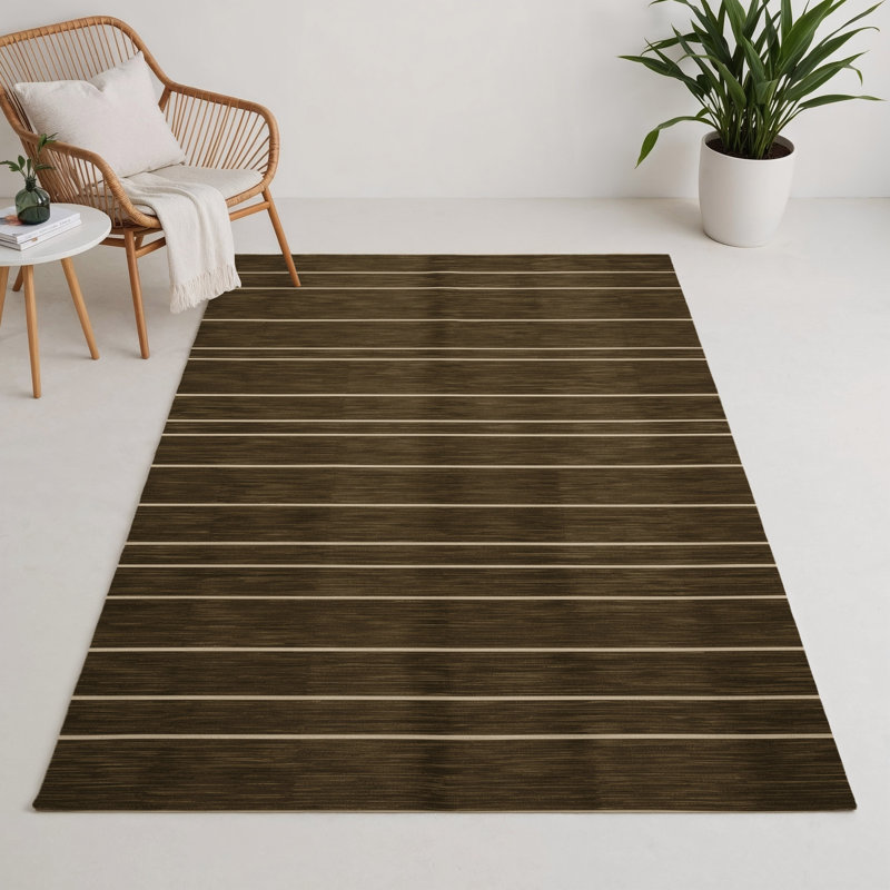 Tapis intérieur / extérieur brun HorizontalStripes, Rectangle 5 pi x 7 pi