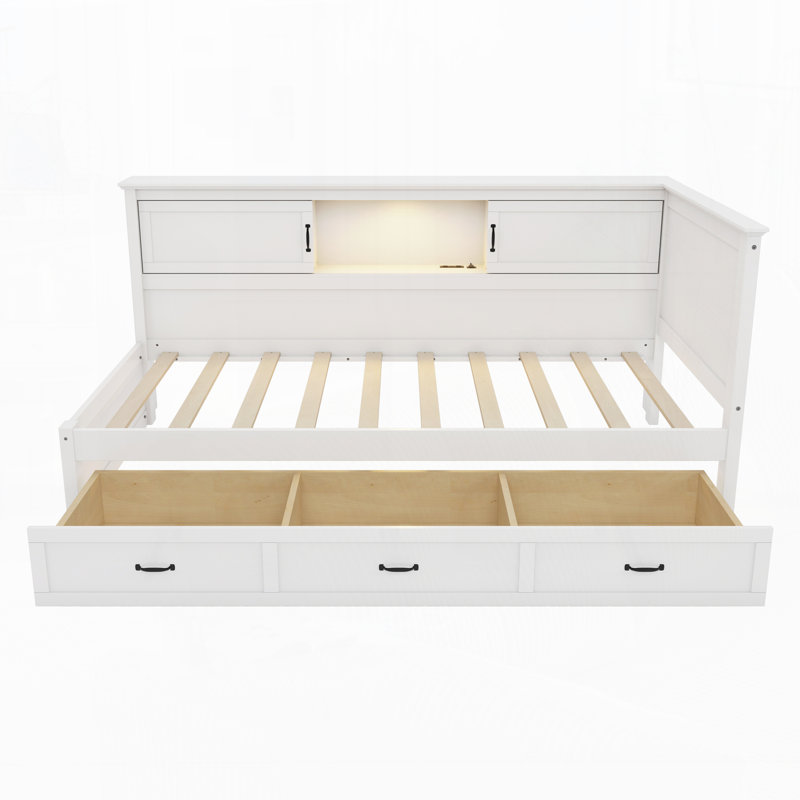 L-Shaped Bed Frame with Drawer and and Bookcase, Twin