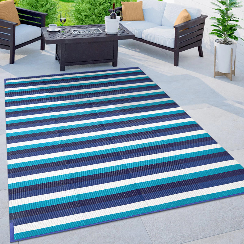 Tapis extérieur rayé bleu / blanc, Rectangulaire 8 pi x 10 pi, Bleu/Blanc
