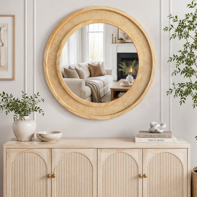 Miroir mural rond en rotin avec cadre en bois naturel, Bois naturel