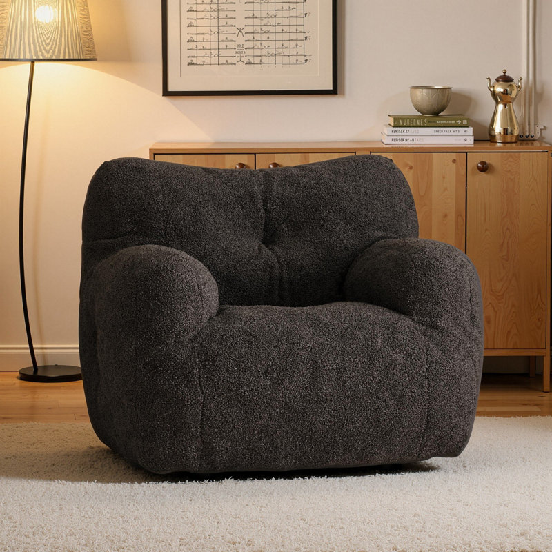 Compression 37"W Medium Teddy Fabric Bean Bag Chair, Dark Gray Teddy
