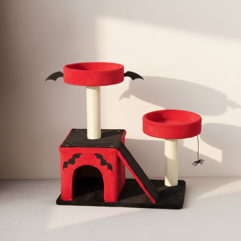 Gothic Halloween Cat Tree Tower with Scratching Ladder, Multi Level Cat Tree with Platforms