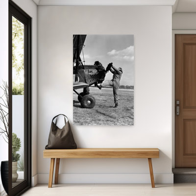 1920S Male Pilot Trying To Turn Plane's Propeller By Hand Classic Retro Vintage Fly Wall Art