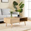 Table basse moderne en rotin de 41,34 po avec porte de rangement coulissante - Pieds en bois massif, finition naturelle pour le salon et le bureau