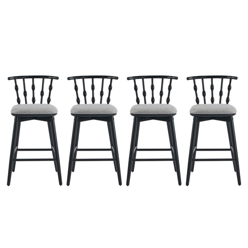 Tabouret de bar d'intérieur en bois Doria, finition noire avec revêtement gris, ensemble de 4