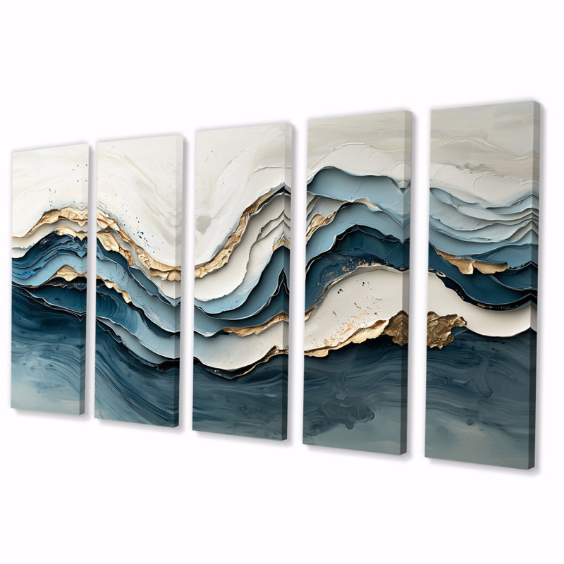 Marbre blanc et bleu, vague IV - ensemble d'art mural vagues côtières, H 28 po x l 60 po