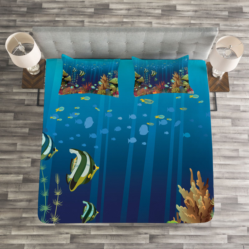 Aeihso Blue/Brown/Green Microfiber Bedspread Set, 220 x 264 cm