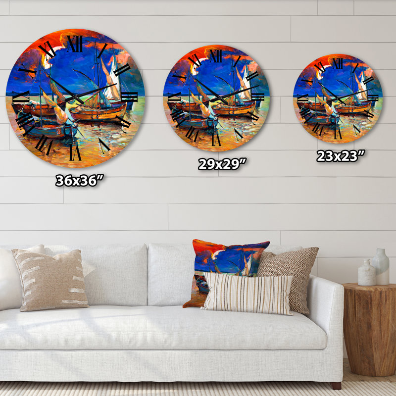 Horloge murale avec bateaux de pêche sur l'eau avec ciel bleu foncé I, Surdimensionné