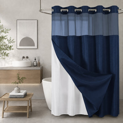 Rideau de douche gaufré sans doublure bleu marine avec doublure, 72 po x 81 po, doublure en tissu à encliquetage, fenêtre supérieure en filet, tissu gaufré robuste, rideau de douche imperméable de style hôtel pour salle de bain