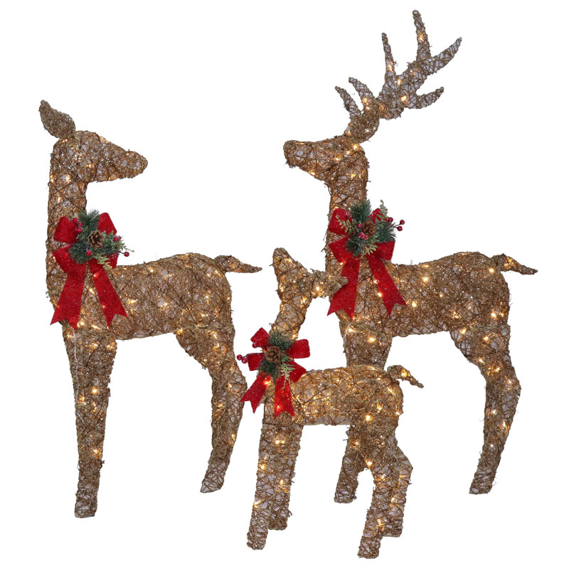 Pre-Lit Natural Rattan and Hemp Rope Reindeer Family - Set of 3