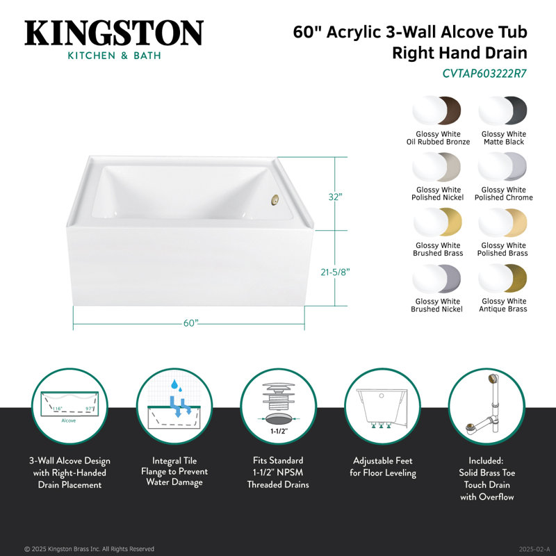 Kingston Brass Aqua Eden 60-Inch Acrylic Rectangular 3-Wall Alcove Tub, Hand Drain, Right, Brushed Brass