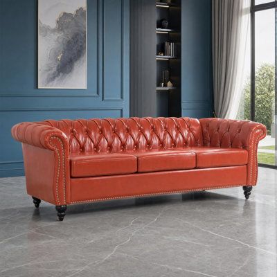 Classic Rolled Arm PU Chesterfield Sofa with Birch Legs