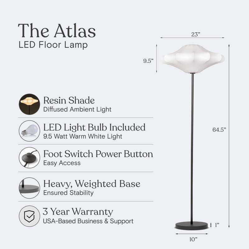 Atlas 64.5 in. Modern LED Energy Efficient Floor Lamp with Unique Resin Round Shade