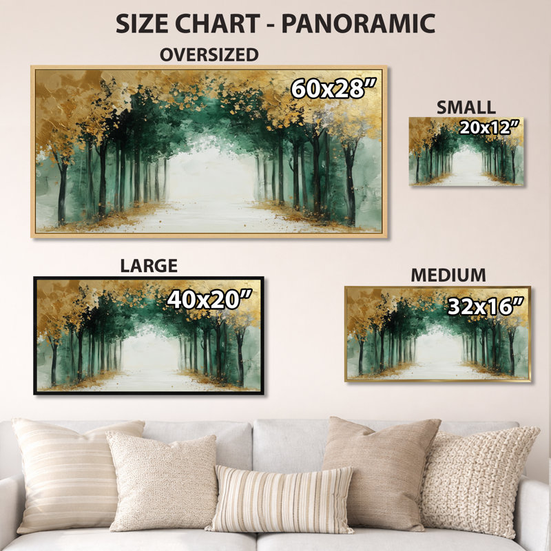 «Green Gold Dreamy Tree Forest Pathway - Green Moody Large Wall Art, Serene», reproduction d'art sur toile encadrée