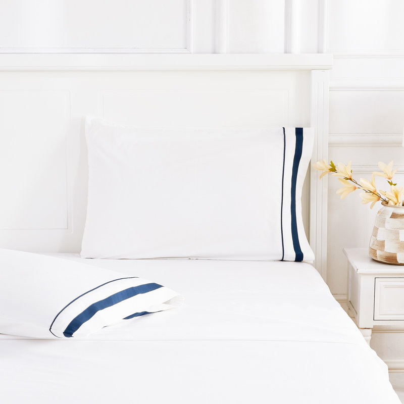 Classic Double Border Sheet Set, King Sheet Set with 2 Pillowcases, Navy