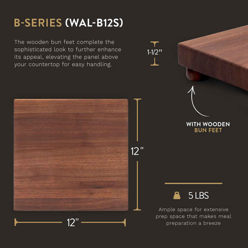Walnut Wood Square Cutting Board with Bun Feet, 12" x 12"