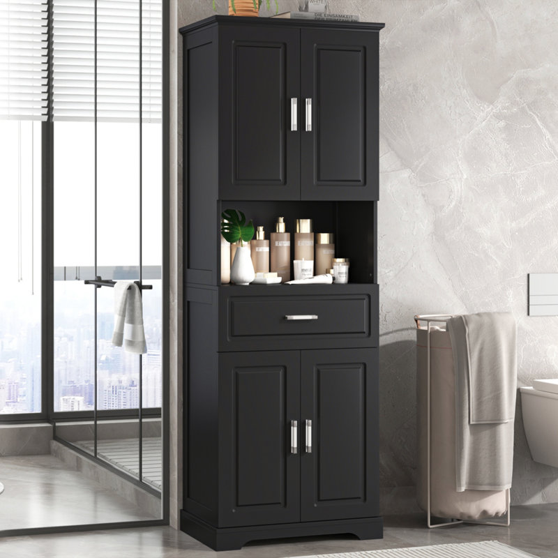 Armoire de salle de bain autoportante avec système de rangement multiple, Noir, noir, noir, noir