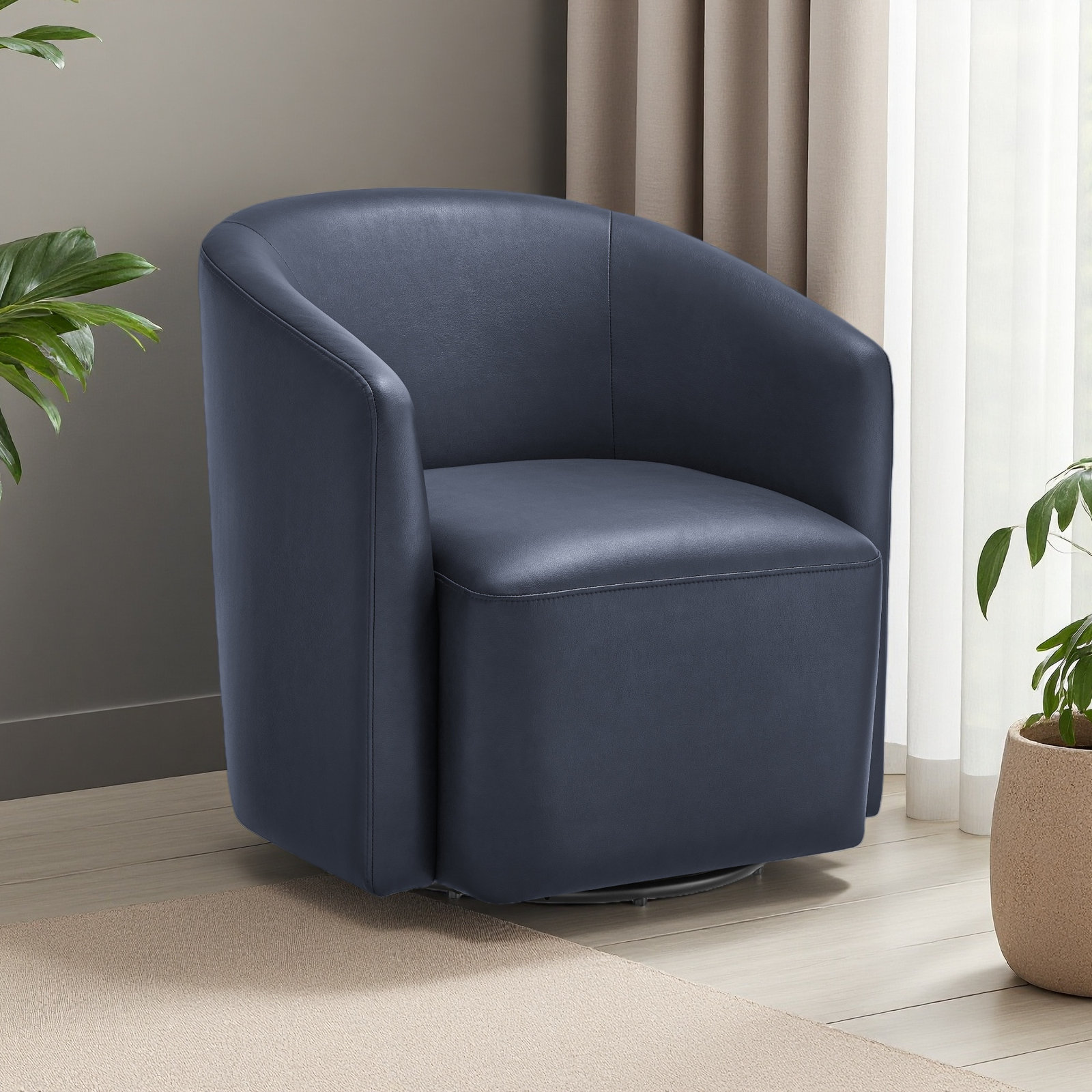 Armino Midnight Faux Leather Swivel Barrel Chair, Midnight Blue Faux Leather