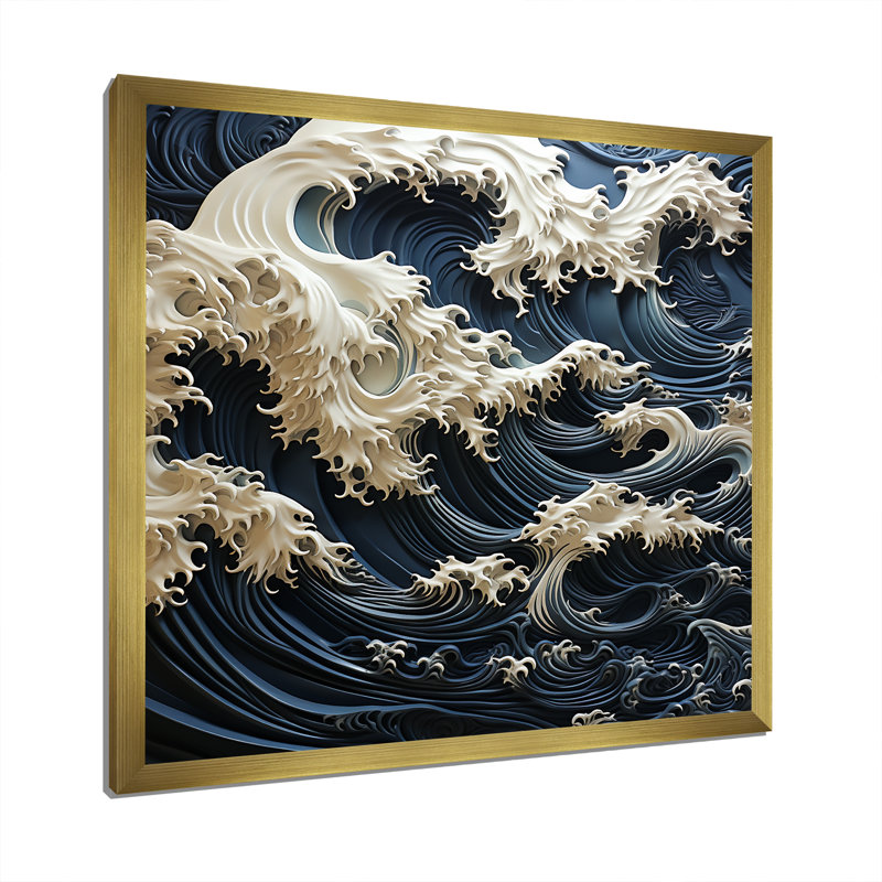 Abstrait bleu et blanc, tempête océanique sur toile, H 30 po x l 30 po x P 1 po, Encadrement doré