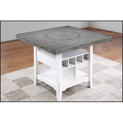 Antique White / Grey Counter Height Table with Built-in Lazy Suzan and Storage Shelf for Dining Room