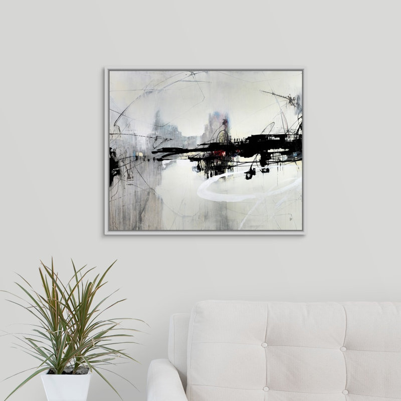 « distante harbor », peinture sur toile, H 21,7 po x l 25,7 po x p 1,75 po, Cadre flottant blanc
