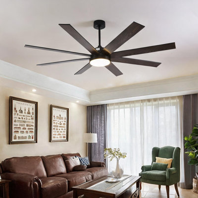 Ventilateur de plafond noir et noyer foncé en métal et bois pour le salon avec télécommande et circulation d'air saisonnière