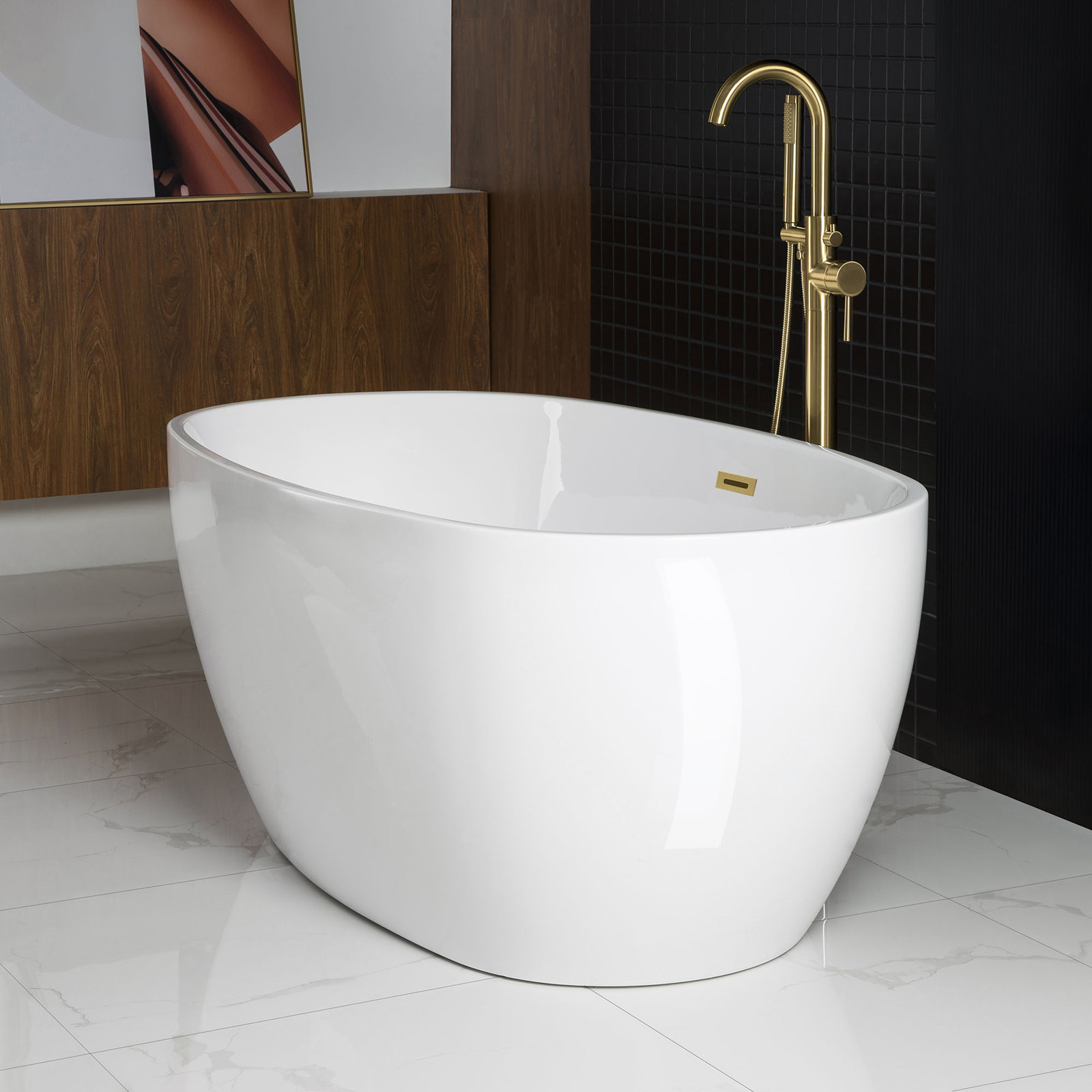 Ember 59" Freestanding Soaking Acrylic Bathtub, Brushed Gold, White