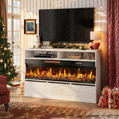 Meuble télé 52 po pour téléviseur de 65 po ou moins, centre de divertissement cannelé avec foyer électrique de 50 po et 3 tiroirs, meuble télé pour salon