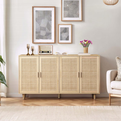 4-Door Natural Rattan Storage Cabinet with Adjustable Shelf and Solid Wood Legs